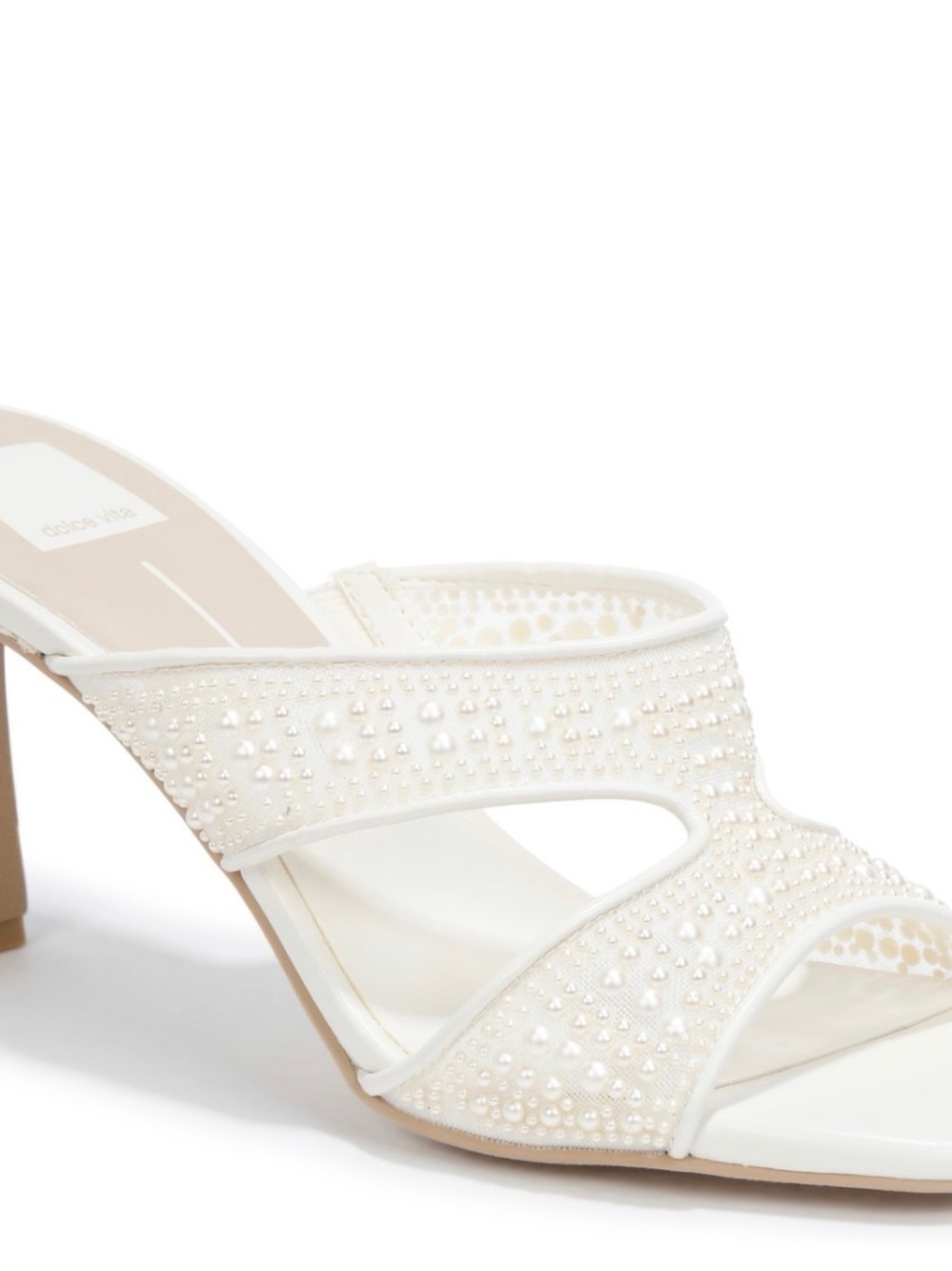 Dolce Vita Gitel Pearl Embellished Mesh Block Heel Sandals | Size 10 | Vanilla |